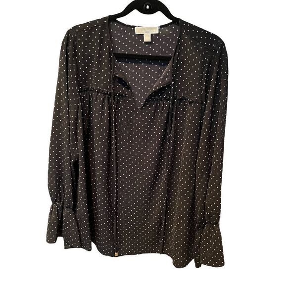 Michael Kors long sleeve blouse V neck with strings OX black/small white stars - Picture 1 of 11